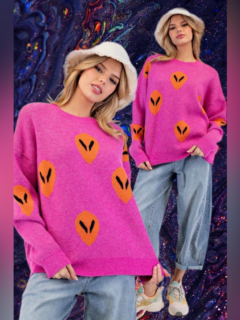 Easel Beam Me Up Crewneck Sweater Hot Pink Dopamine Maximalist Aliens Large New